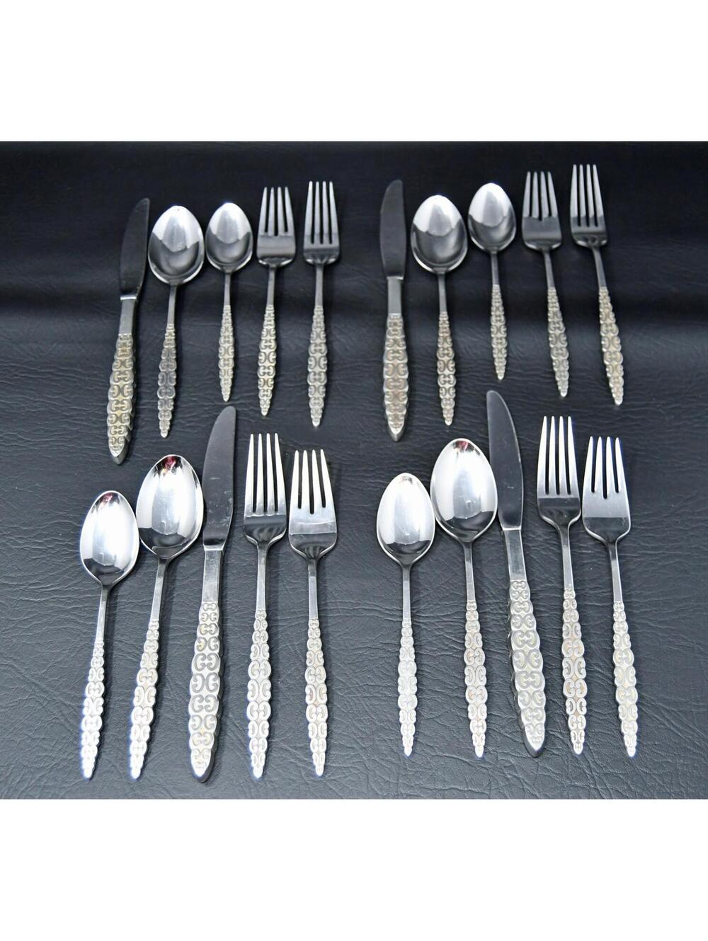 Lyon Romanesque International Silver Stainless Flatware 4 Place Settings AS IS